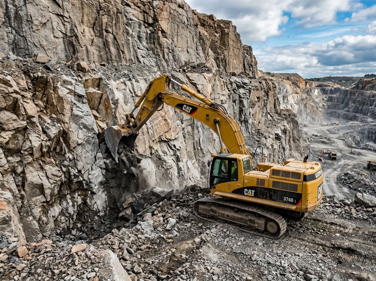 Excavator loading basalt stone at quarry pit in Valsad